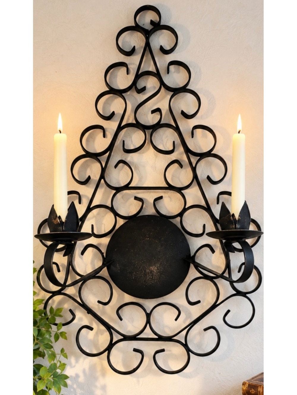 Vintage Style Wrought Iron Wall Candle Sconce Double Gothic Scrollwork Black